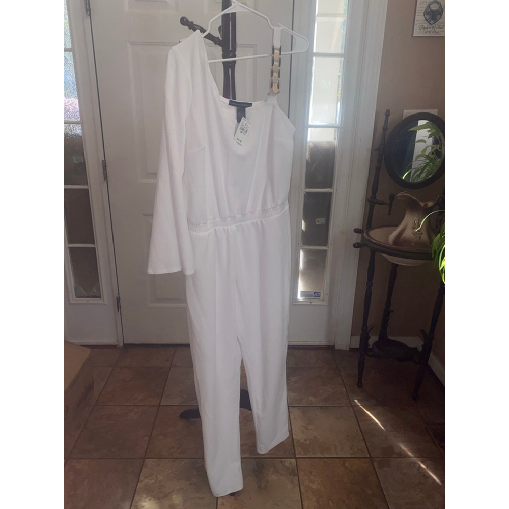 Ashley Stewart White One-Shoulder Long-Sleeve Jumpsuit